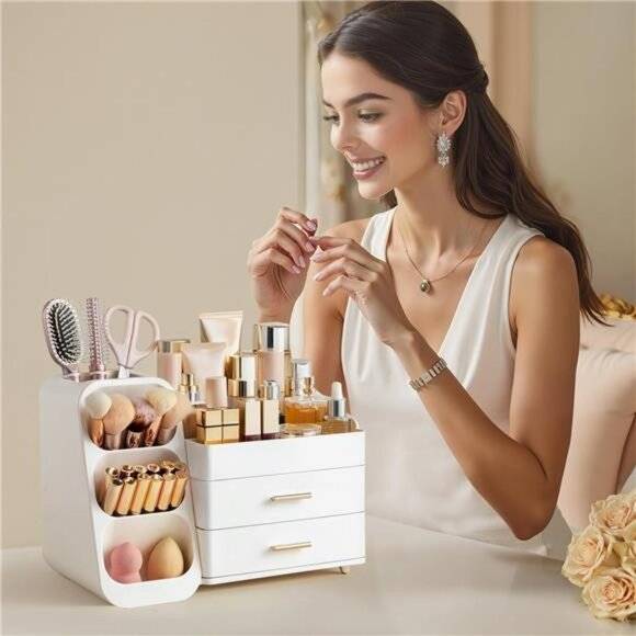 Makeup Organizer with Brush Holder Vanity Skincare Storage Drawers White - Picture 6 of 7